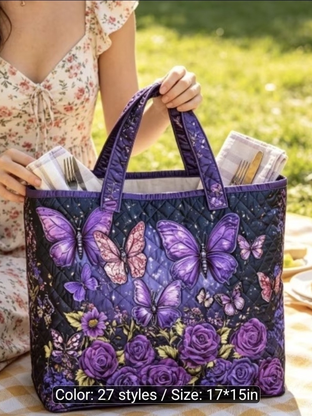 Quilted Purple Butterfly Tote Bag